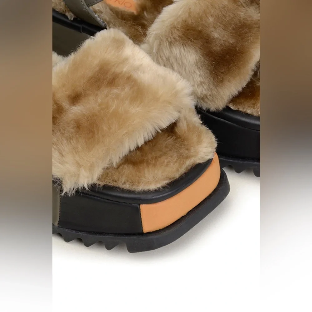 Farm Rio Khaki Patchwork Faux Fur Platform Sandal - Picture 4 of 12
